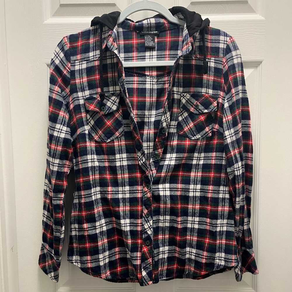 Cotton Express Plaid Flannel Button Down Shirt with Hood
